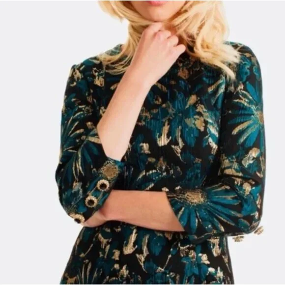 Trina Turk Moonrise Metallic Jacquard Dress Size 14 NWT Black Teal Gold Cocktail - Picture 3 of 14